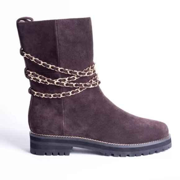 NEW CECELIA NEW YORK Chocolate Suede Misunderstood Chain Boots Chocolate 864tn - Picture 1 of 9